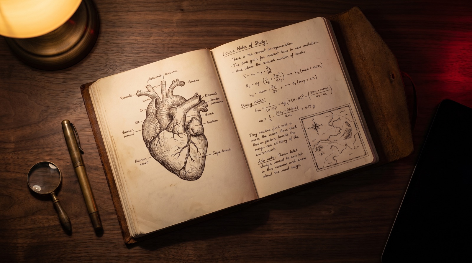 Aria's Explorer's Journal, open to a hand-drawn heart study